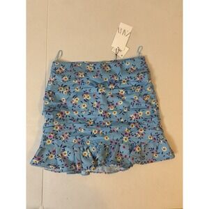 Zara Blue Floral High Waisted Fitted Stretch Ruched Ruffle Mini Skirt Size L New